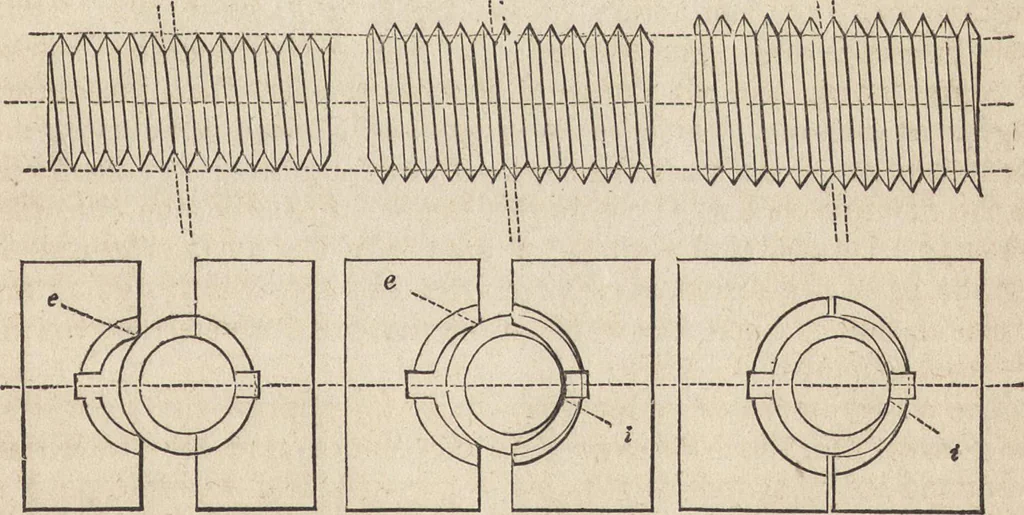 An illustration from The practical metal-worker's assistant : containing the arts of working all metals and alloys, forging of iron and steel, hardening and tempering, melting and mixing, casting and founding, works in sheet metal, the processes dependent on the ductility of the metals, soldering, and the most improved processes, and tools employed by metal-workers, with the application of the art of electro-metallurgy to manufacturing processes : collected from original sources, and from the works of Holtzapffel, Bergeron, Leupold, Plumier, Napier, and others ..., 1851, leaf 334