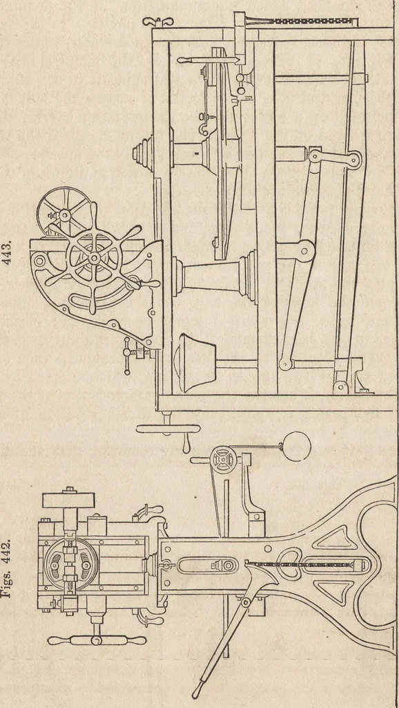 An illustration from The practical metal-worker's assistant : containing the arts of working all metals and alloys, forging of iron and steel, hardening and tempering, melting and mixing, casting and founding, works in sheet metal, the processes dependent on the ductility of the metals, soldering, and the most improved processes, and tools employed by metal-workers, with the application of the art of electro-metallurgy to manufacturing processes : collected from original sources, and from the works of Holtzapffel, Bergeron, Leupold, Plumier, Napier, and others ..., 1851, leaf 341