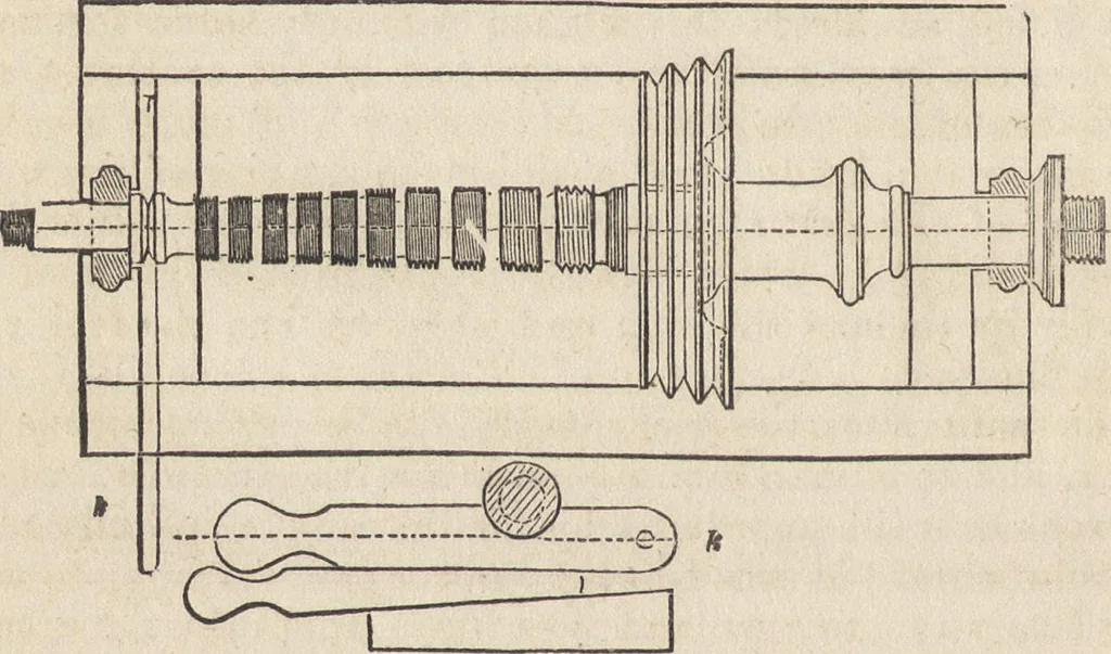 An illustration from The practical metal-worker's assistant : containing the arts of working all metals and alloys, forging of iron and steel, hardening and tempering, melting and mixing, casting and founding, works in sheet metal, the processes dependent on the ductility of the metals, soldering, and the most improved processes, and tools employed by metal-workers, with the application of the art of electro-metallurgy to manufacturing processes : collected from original sources, and from the works of Holtzapffel, Bergeron, Leupold, Plumier, Napier, and others ..., 1851, leaf 343
