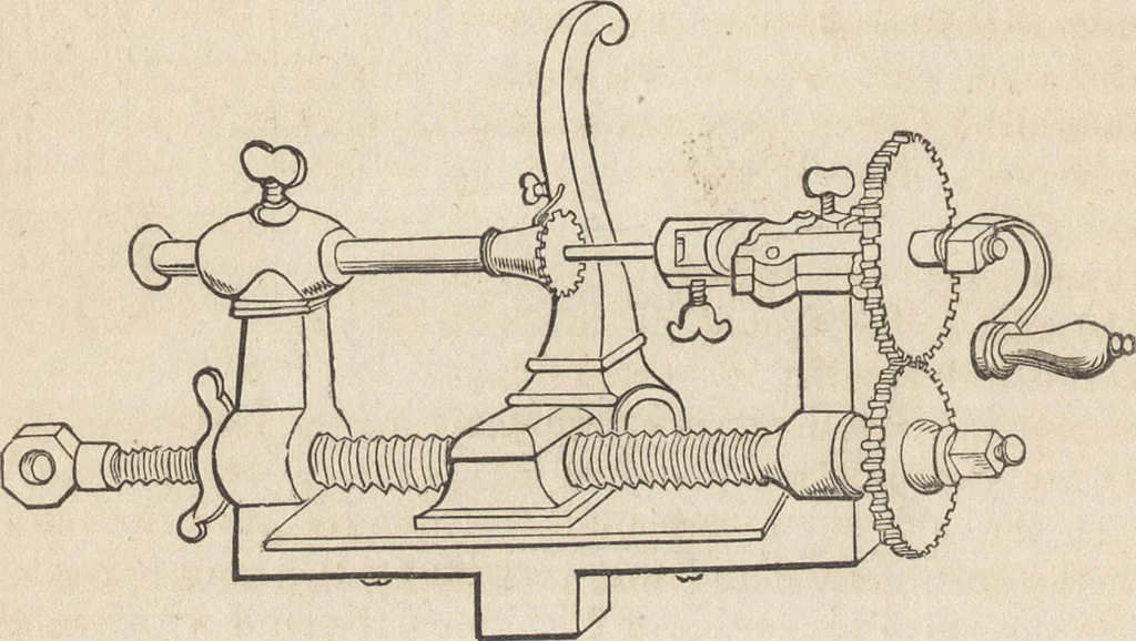 An illustration from The practical metal-worker's assistant : containing the arts of working all metals and alloys, forging of iron and steel, hardening and tempering, melting and mixing, casting and founding, works in sheet metal, the processes dependent on the ductility of the metals, soldering, and the most improved processes, and tools employed by metal-workers, with the application of the art of electro-metallurgy to manufacturing processes : collected from original sources, and from the works of Holtzapffel, Bergeron, Leupold, Plumier, Napier, and others ..., 1851, leaf 347