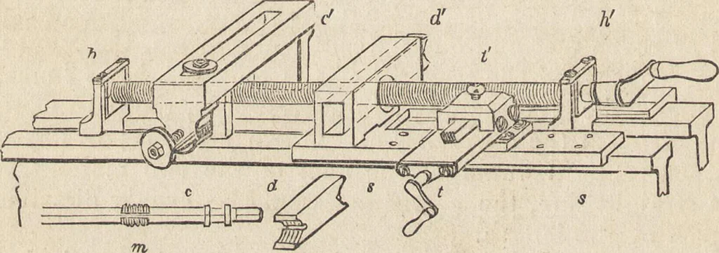 An illustration from The practical metal-worker's assistant : containing the arts of working all metals and alloys, forging of iron and steel, hardening and tempering, melting and mixing, casting and founding, works in sheet metal, the processes dependent on the ductility of the metals, soldering, and the most improved processes, and tools employed by metal-workers, with the application of the art of electro-metallurgy to manufacturing processes : collected from original sources, and from the works of Holtzapffel, Bergeron, Leupold, Plumier, Napier, and others ..., 1851, leaf 369