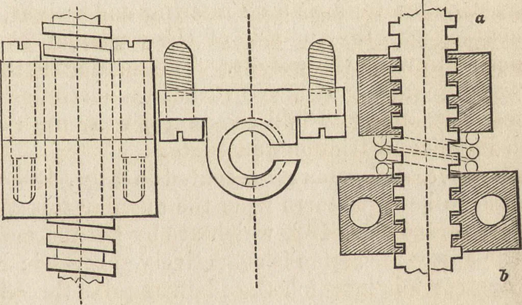 An illustration from The practical metal-worker's assistant : containing the arts of working all metals and alloys, forging of iron and steel, hardening and tempering, melting and mixing, casting and founding, works in sheet metal, the processes dependent on the ductility of the metals, soldering, and the most improved processes, and tools employed by metal-workers, with the application of the art of electro-metallurgy to manufacturing processes : collected from original sources, and from the works of Holtzapffel, Bergeron, Leupold, Plumier, Napier, and others ..., 1851, leaf 380