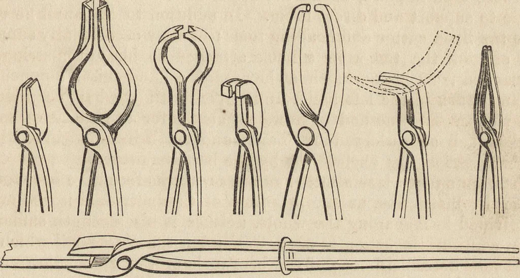 An illustration from The practical metal-worker's assistant : containing the arts of working all metals and alloys, forging of iron and steel, hardening and tempering, melting and mixing, casting and founding, works in sheet metal, the processes dependent on the ductility of the metals, soldering, and the most improved processes, and tools employed by metal-workers, with the application of the art of electro-metallurgy to manufacturing processes : collected from original sources, and from the works of Holtzapffel, Bergeron, Leupold, Plumier, Napier, and others ..., 1851, leaf 40