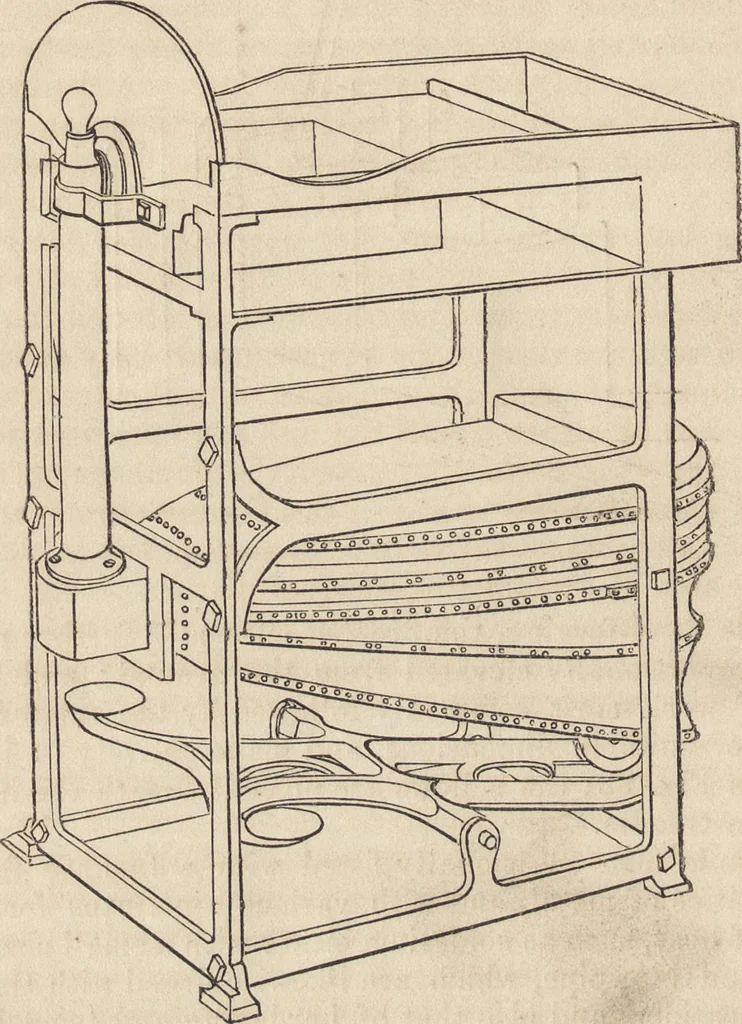 An illustration from The practical metal-worker's assistant : containing the arts of working all metals and alloys, forging of iron and steel, hardening and tempering, melting and mixing, casting and founding, works in sheet metal, the processes dependent on the ductility of the metals, soldering, and the most improved processes, and tools employed by metal-workers, with the application of the art of electro-metallurgy to manufacturing processes : collected from original sources, and from the works of Holtzapffel, Bergeron, Leupold, Plumier, Napier, and others ..., 1851, leaf 43