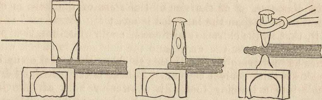 An illustration from The practical metal-worker's assistant : containing the arts of working all metals and alloys, forging of iron and steel, hardening and tempering, melting and mixing, casting and founding, works in sheet metal, the processes dependent on the ductility of the metals, soldering, and the most improved processes, and tools employed by metal-workers, with the application of the art of electro-metallurgy to manufacturing processes : collected from original sources, and from the works of Holtzapffel, Bergeron, Leupold, Plumier, Napier, and others ..., 1851, leaf 50