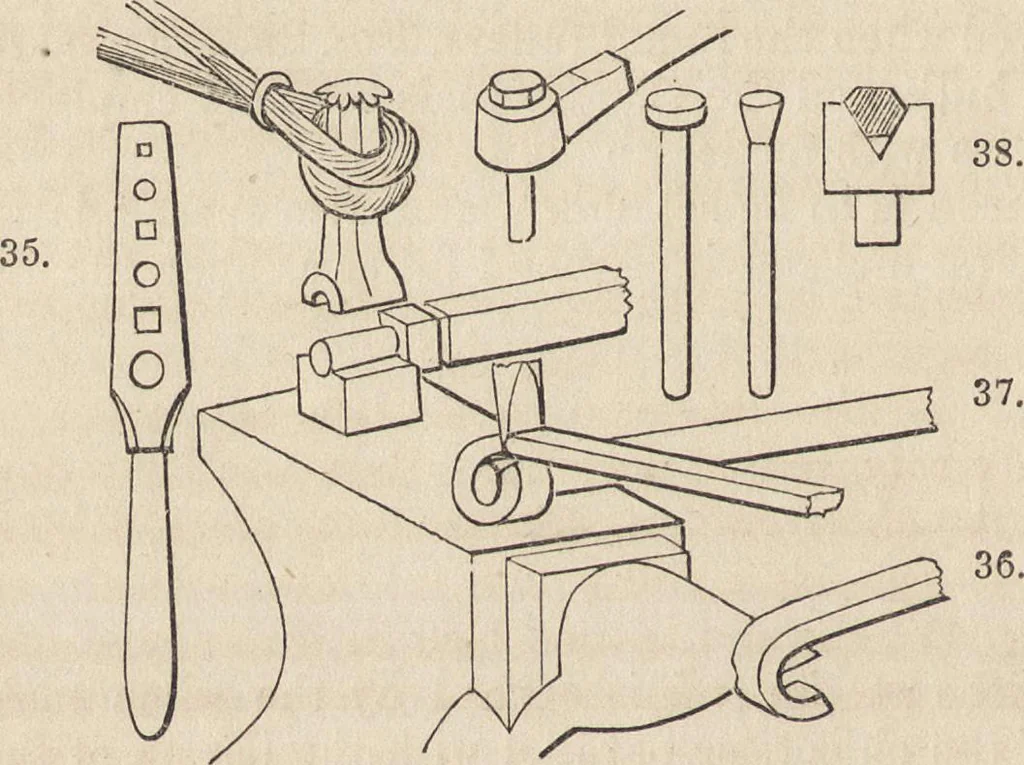 An illustration from The practical metal-worker's assistant : containing the arts of working all metals and alloys, forging of iron and steel, hardening and tempering, melting and mixing, casting and founding, works in sheet metal, the processes dependent on the ductility of the metals, soldering, and the most improved processes, and tools employed by metal-workers, with the application of the art of electro-metallurgy to manufacturing processes : collected from original sources, and from the works of Holtzapffel, Bergeron, Leupold, Plumier, Napier, and others ..., 1851, leaf 51