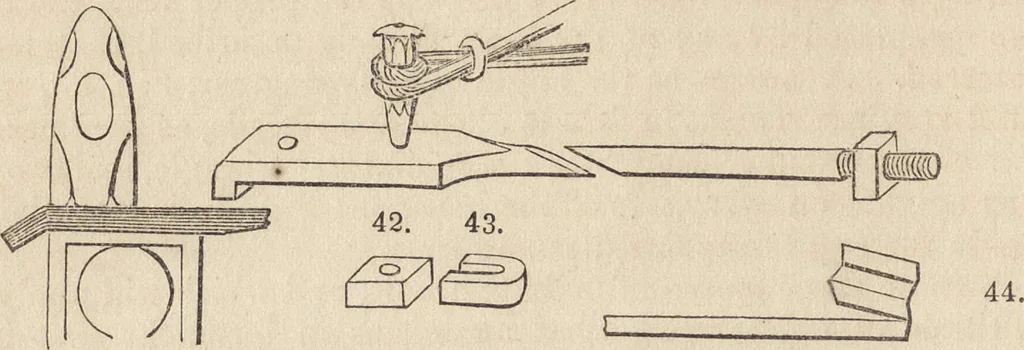 An illustration from The practical metal-worker's assistant : containing the arts of working all metals and alloys, forging of iron and steel, hardening and tempering, melting and mixing, casting and founding, works in sheet metal, the processes dependent on the ductility of the metals, soldering, and the most improved processes, and tools employed by metal-workers, with the application of the art of electro-metallurgy to manufacturing processes : collected from original sources, and from the works of Holtzapffel, Bergeron, Leupold, Plumier, Napier, and others ..., 1851, leaf 53