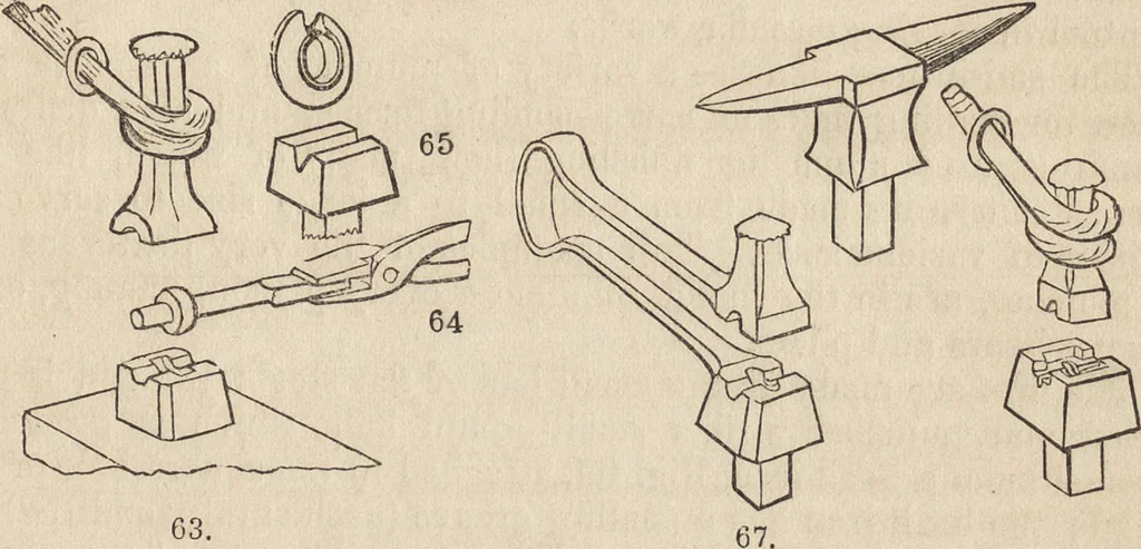 An illustration from The practical metal-worker's assistant : containing the arts of working all metals and alloys, forging of iron and steel, hardening and tempering, melting and mixing, casting and founding, works in sheet metal, the processes dependent on the ductility of the metals, soldering, and the most improved processes, and tools employed by metal-workers, with the application of the art of electro-metallurgy to manufacturing processes : collected from original sources, and from the works of Holtzapffel, Bergeron, Leupold, Plumier, Napier, and others ..., 1851, leaf 66