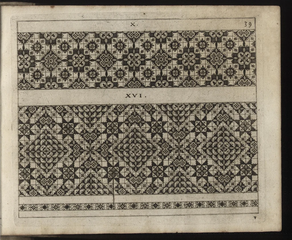 An illustration from Newes Modelbuch in Kupffer gemacht : darinen allerhand Arth newer Mödel von dün, mittel vnd dick aussgeschnidener Arbeit, auch andern künstlichen Nehwerck zu gebrauchen mit Vleiss inn Druck verfertigt, 1604, leaf 102