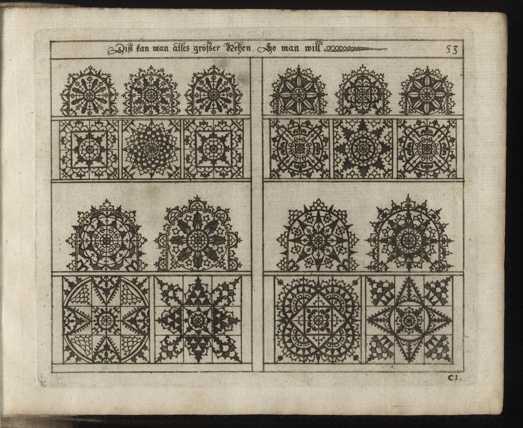 An illustration from Newes Modelbuch in Kupffer gemacht : darinen allerhand Arth newer Mödel von dün, mittel vnd dick aussgeschnidener Arbeit, auch andern künstlichen Nehwerck zu gebrauchen mit Vleiss inn Druck verfertigt, 1604, leaf 130