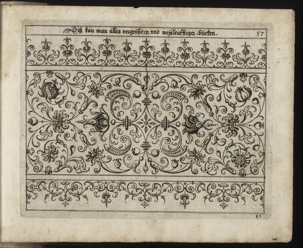 An illustration from Newes Modelbuch in Kupffer gemacht : darinen allerhand Arth newer Mödel von dün, mittel vnd dick aussgeschnidener Arbeit, auch andern künstlichen Nehwerck zu gebrauchen mit Vleiss inn Druck verfertigt, 1604, leaf 138