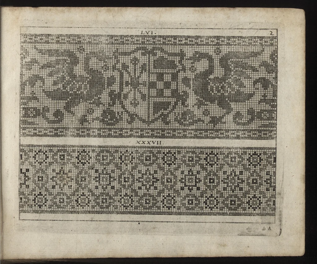 An illustration from Newes Modelbuch in Kupffer gemacht : darinen allerhand Arth newer Mödel von dün, mittel vnd dick aussgeschnidener Arbeit, auch andern künstlichen Nehwerck zu gebrauchen mit Vleiss inn Druck verfertigt, 1604, leaf 28