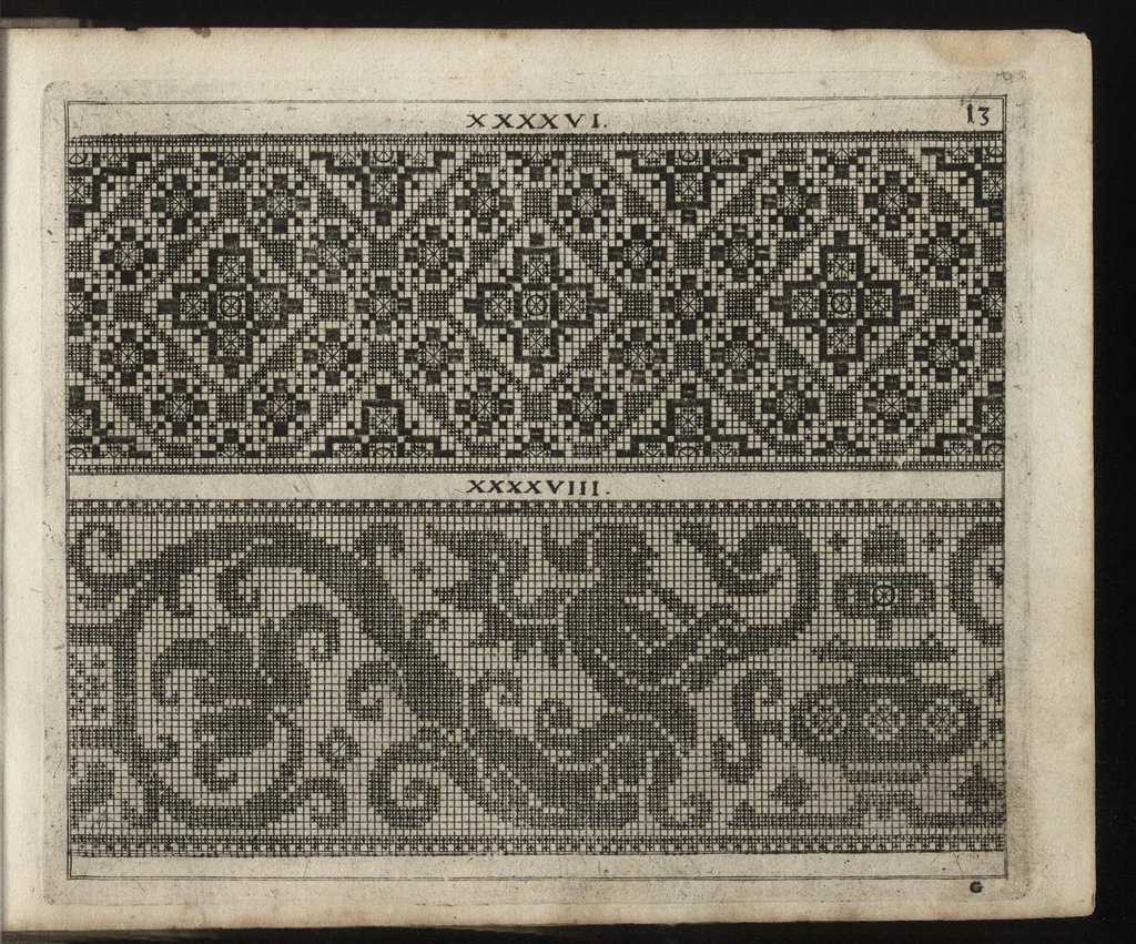 An illustration from Newes Modelbuch in Kupffer gemacht : darinen allerhand Arth newer Mödel von dün, mittel vnd dick aussgeschnidener Arbeit, auch andern künstlichen Nehwerck zu gebrauchen mit Vleiss inn Druck verfertigt, 1604, leaf 50
