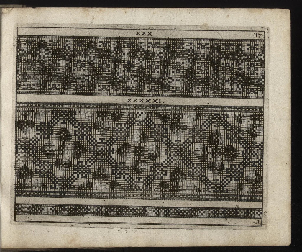 An illustration from Newes Modelbuch in Kupffer gemacht : darinen allerhand Arth newer Mödel von dün, mittel vnd dick aussgeschnidener Arbeit, auch andern künstlichen Nehwerck zu gebrauchen mit Vleiss inn Druck verfertigt, 1604, leaf 58