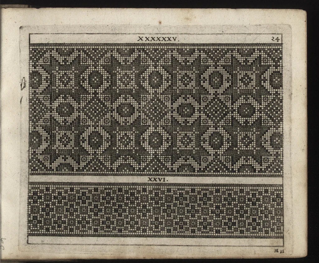An illustration from Newes Modelbuch in Kupffer gemacht : darinen allerhand Arth newer Mödel von dün, mittel vnd dick aussgeschnidener Arbeit, auch andern künstlichen Nehwerck zu gebrauchen mit Vleiss inn Druck verfertigt, 1604, leaf 72