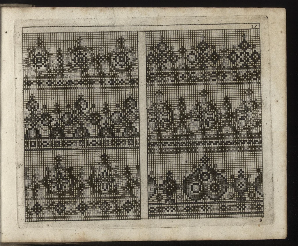 An illustration from Newes Modelbuch in Kupffer gemacht : darinen allerhand Arth newer Mödel von dün, mittel vnd dick aussgeschnidener Arbeit, auch andern künstlichen Nehwerck zu gebrauchen mit Vleiss inn Druck verfertigt, 1604, leaf 94