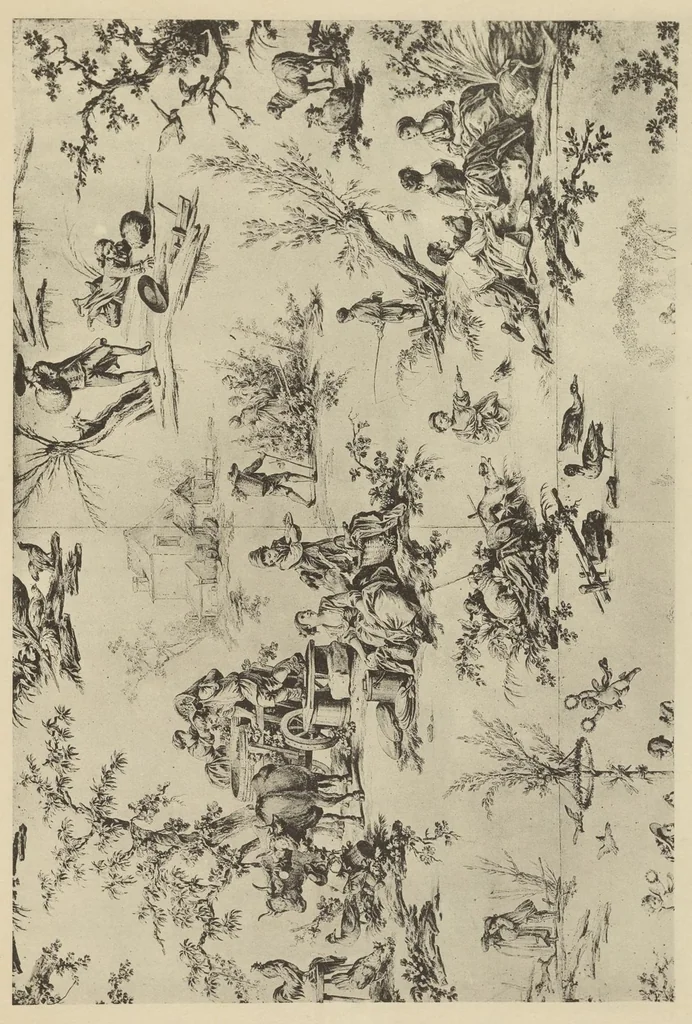 An illustration from Nouvelles collections du Musée des arts décoratifs. Série 9. Dessins de J.B. Huet pour la manufacture de Jouy (1745 à 1811), leaf 100