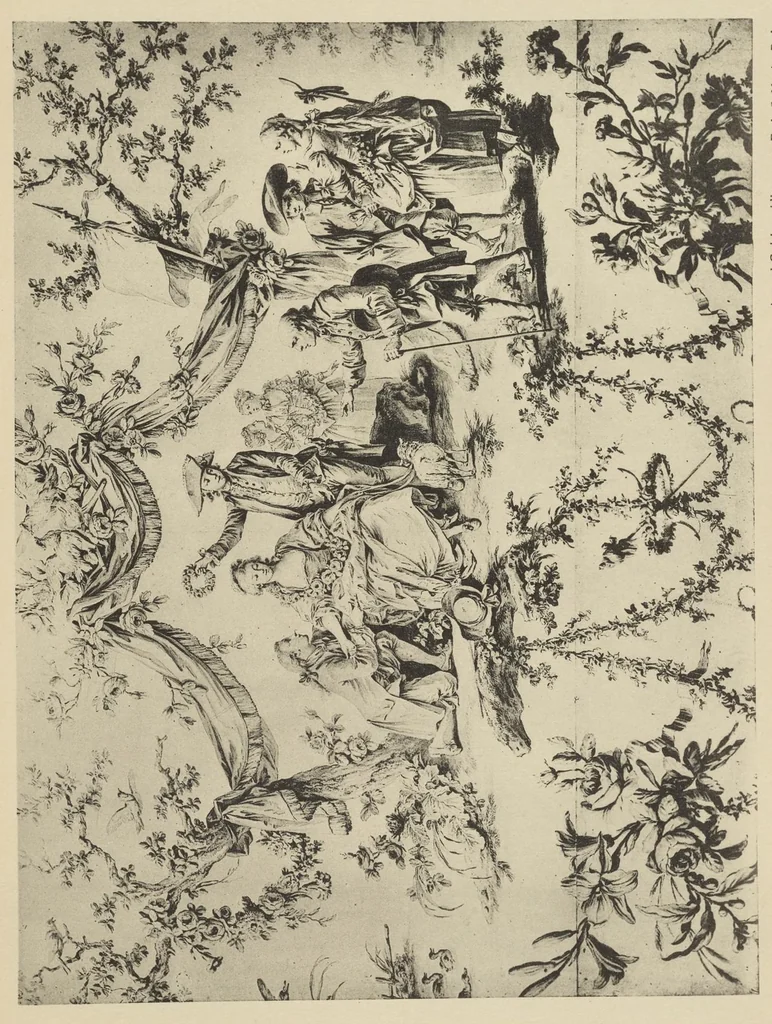 An illustration from Nouvelles collections du Musée des arts décoratifs. Série 9. Dessins de J.B. Huet pour la manufacture de Jouy (1745 à 1811), leaf 66