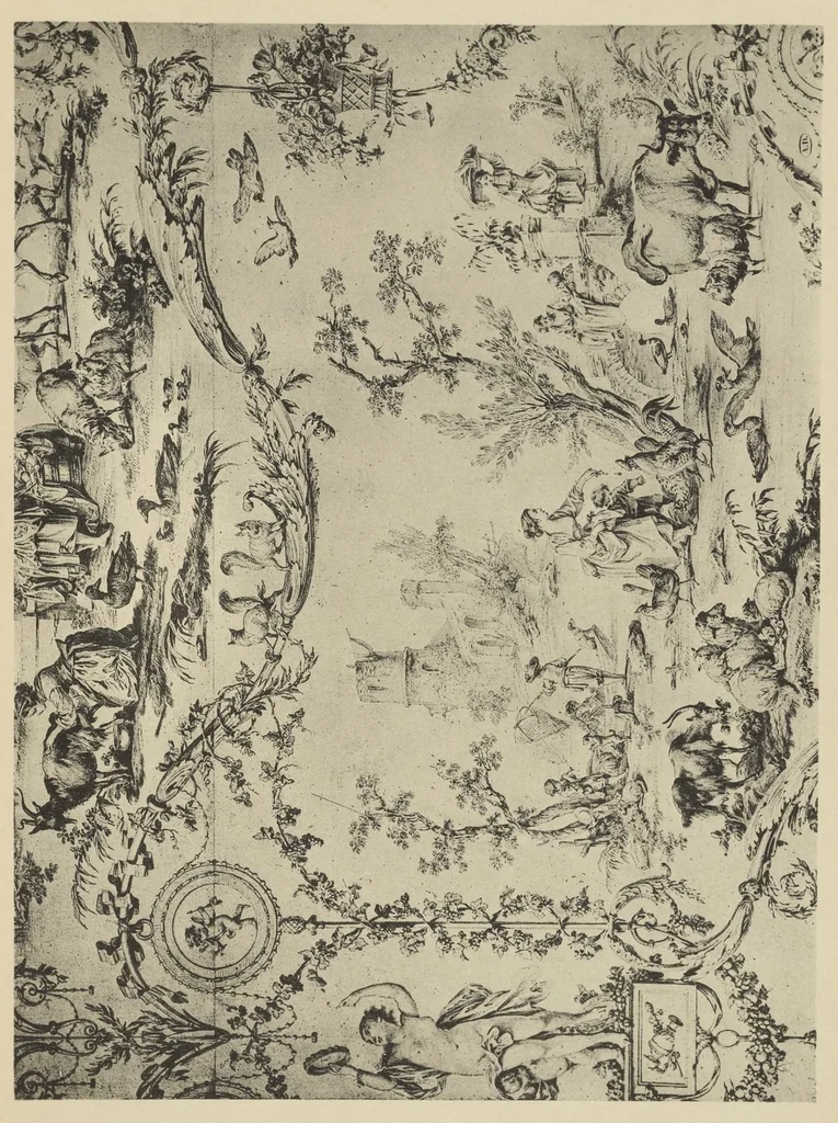 An illustration from Nouvelles collections du Musée des arts décoratifs. Série 9. Dessins de J.B. Huet pour la manufacture de Jouy (1745 à 1811), leaf 88