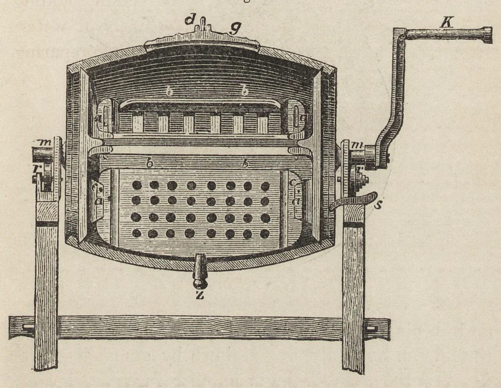 An illustration from The practical scourer and garment dyer : comprising dry or chemical cleansing, the art of removing stains, fine washing, bleaching and dyeing of straw hats, gloves and feathers of all kinds, dyeing of worn clothes of all fabrics, including mixed goods, by one dip, and the manufacture of soaps and fluids for cleansing purposes, 1893, leaf 88
