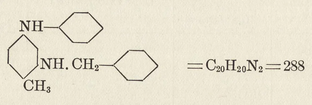 An illustration from Dyes classified by intermediates : dyes tabularly arranged under each intermediate, with statistical and other data for both dyes and intermediates : glossary of dye and intermediate names alphabetically arranged, 1922, leaf 155