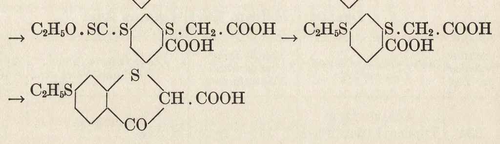An illustration from Dyes classified by intermediates : dyes tabularly arranged under each intermediate, with statistical and other data for both dyes and intermediates : glossary of dye and intermediate names alphabetically arranged, 1922, leaf 281