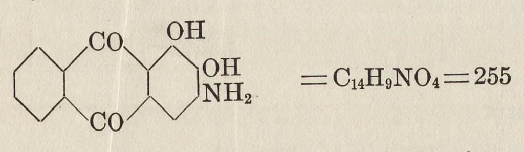 An illustration from Dyes classified by intermediates : dyes tabularly arranged under each intermediate, with statistical and other data for both dyes and intermediates : glossary of dye and intermediate names alphabetically arranged, 1922, leaf 34