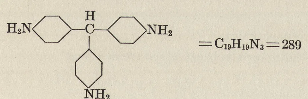 An illustration from Dyes classified by intermediates : dyes tabularly arranged under each intermediate, with statistical and other data for both dyes and intermediates : glossary of dye and intermediate names alphabetically arranged, 1922, leaf 580