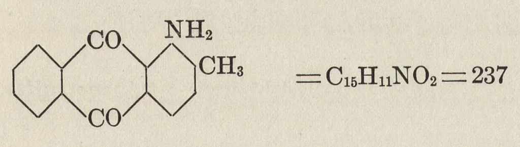 An illustration from Dyes classified by intermediates : dyes tabularly arranged under each intermediate, with statistical and other data for both dyes and intermediates : glossary of dye and intermediate names alphabetically arranged, 1922, leaf 66