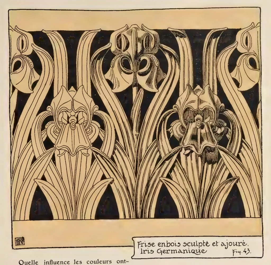 An illustration from Etude de la plante : son application aux industries d'art : pochoir, papier peint, etoffes, céramique, marqueterie, tapis, ferronnerie, reliure, dentelles, broderies, vitrail, mosaïque, bijouterie, bronze, orfévrerie, 1914, leaf 52