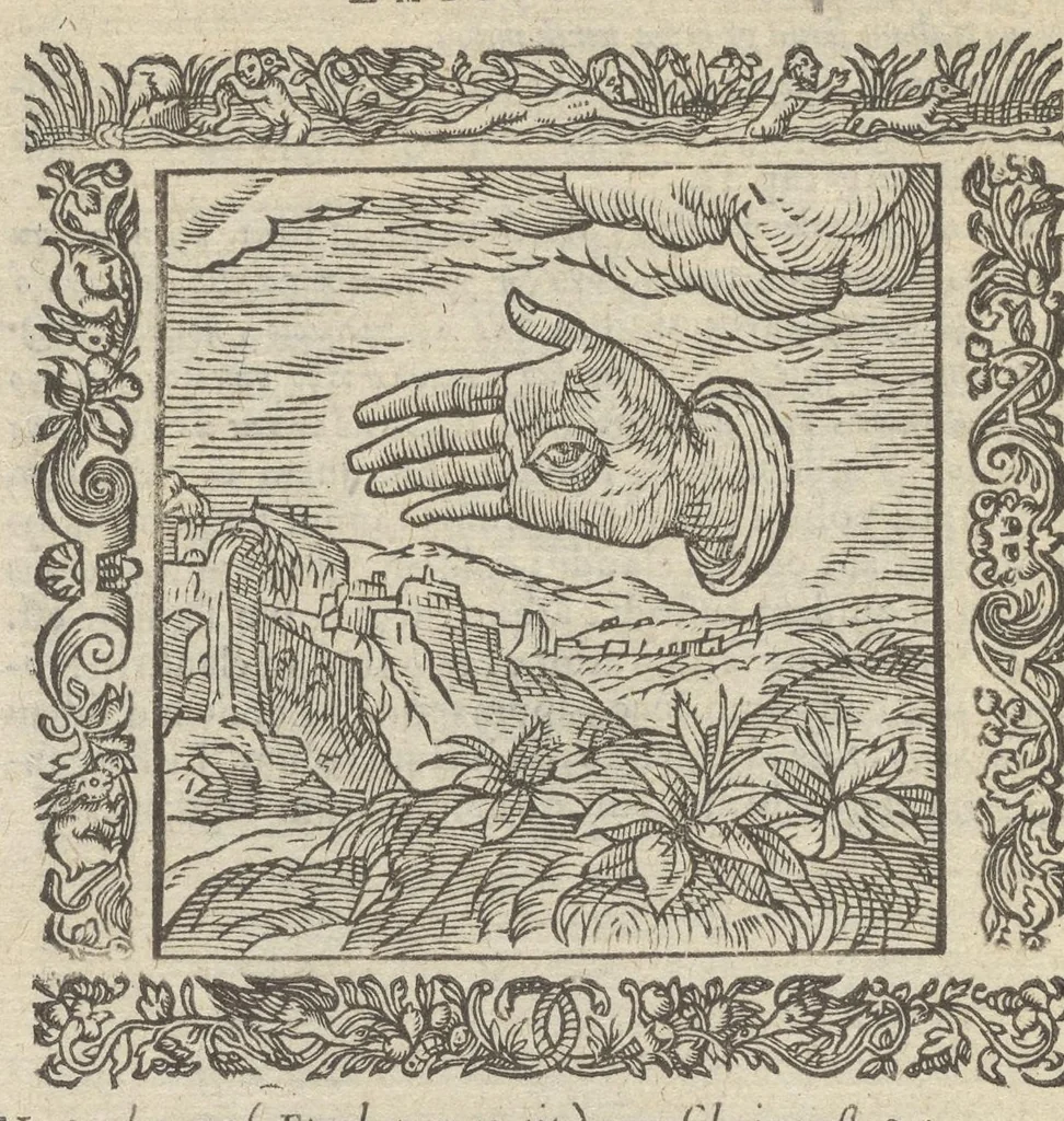 An illustration from Omnia Andreae Alciati v.c. emblemata : cum commentariis, quibus emblematum aperta origine mens auctoris explicatur & obscura omnia dubiáque illustrantur : adiectae ad calcem notae posteriores, 1589, leaf 261