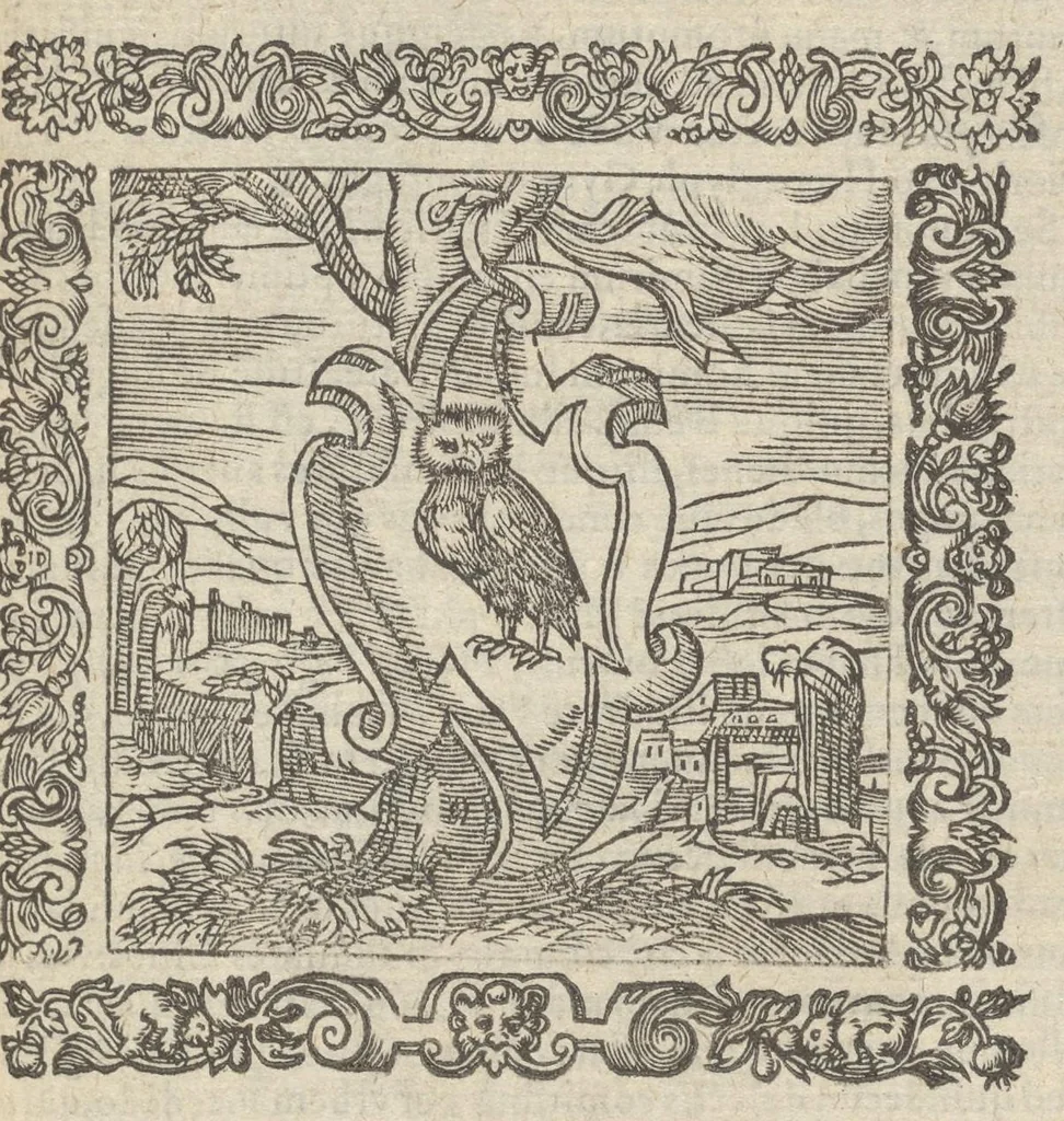 An illustration from Omnia Andreae Alciati v.c. emblemata : cum commentariis, quibus emblematum aperta origine mens auctoris explicatur & obscura omnia dubiáque illustrantur : adiectae ad calcem notae posteriores, 1589, leaf 274