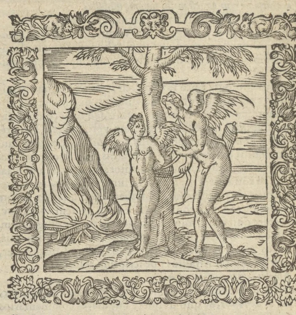 An illustration from Omnia Andreae Alciati v.c. emblemata : cum commentariis, quibus emblematum aperta origine mens auctoris explicatur & obscura omnia dubiáque illustrantur : adiectae ad calcem notae posteriores, 1589, leaf 563