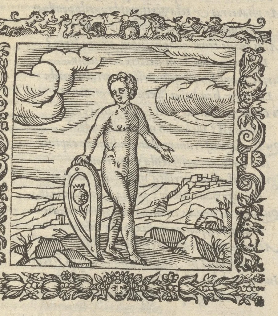 An illustration from Omnia Andreae Alciati v.c. emblemata : cum commentariis, quibus emblematum aperta origine mens auctoris explicatur & obscura omnia dubiáque illustrantur : adiectae ad calcem notae posteriores, 1589, leaf 574