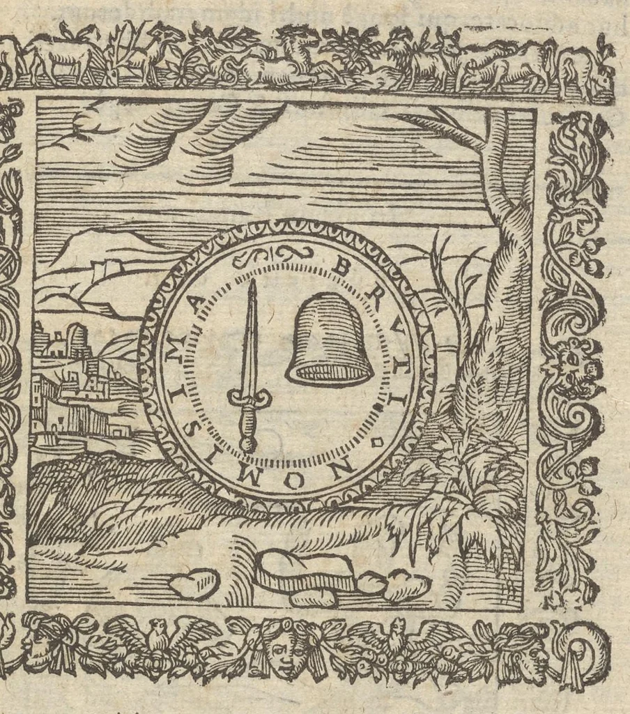 An illustration from Omnia Andreae Alciati v.c. emblemata : cum commentariis, quibus emblematum aperta origine mens auctoris explicatur & obscura omnia dubiáque illustrantur : adiectae ad calcem notae posteriores, 1589, leaf 710