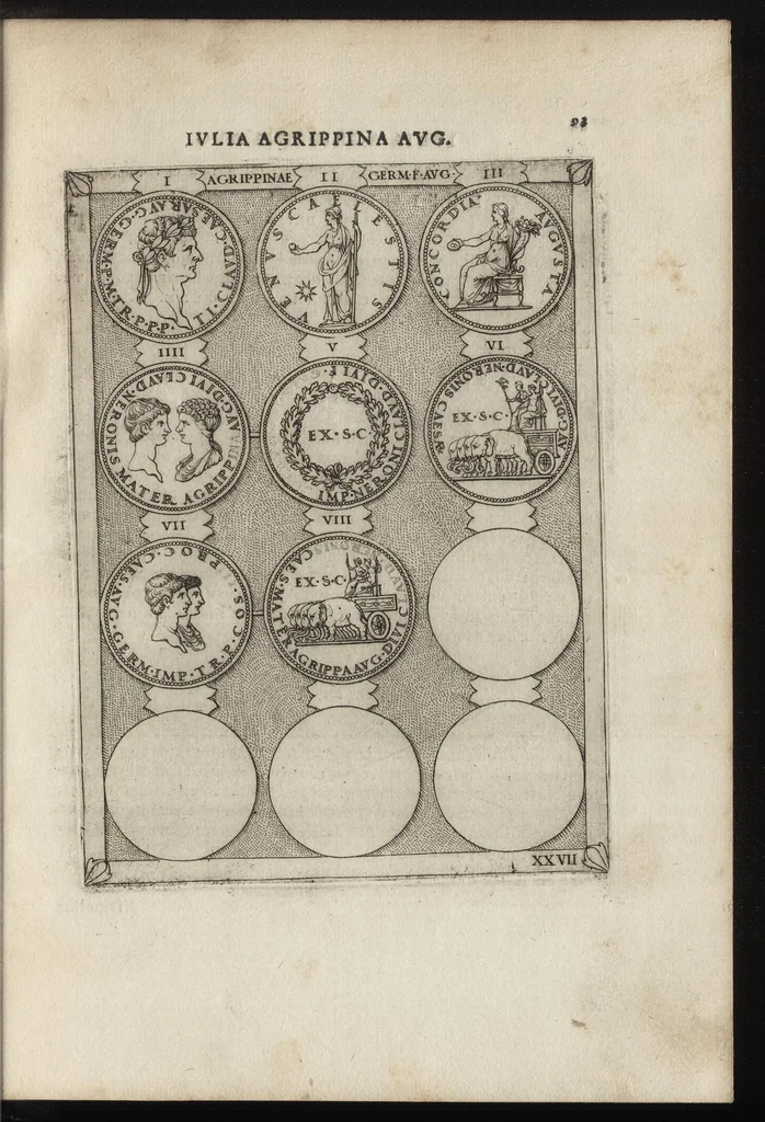 An illustration from Augustarum imagines aereis formis expressae : vitae quoque earundem breviter enarratae, Signorum etiam, quae in posteriori parte numismatu[m] efficta su[n]t ratio explicata, 1558, leaf 116