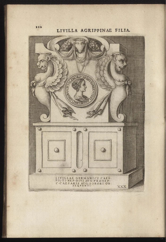 An illustration from Augustarum imagines aereis formis expressae : vitae quoque earundem breviter enarratae, Signorum etiam, quae in posteriori parte numismatu[m] efficta su[n]t ratio explicata, 1558, leaf 135