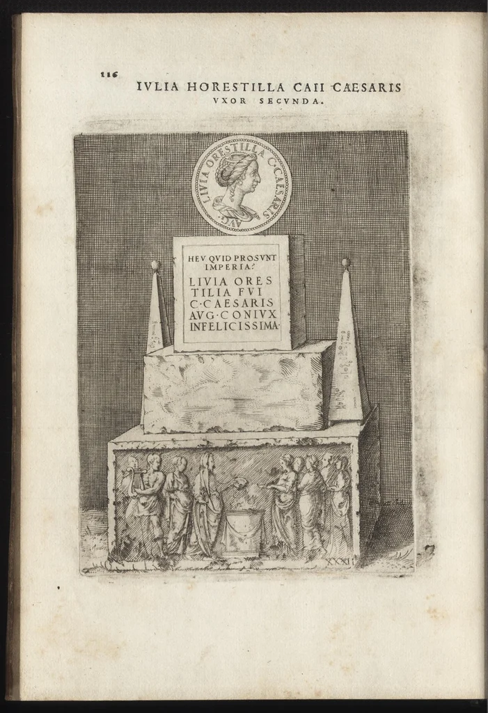 An illustration from Augustarum imagines aereis formis expressae : vitae quoque earundem breviter enarratae, Signorum etiam, quae in posteriori parte numismatu[m] efficta su[n]t ratio explicata, 1558, leaf 139