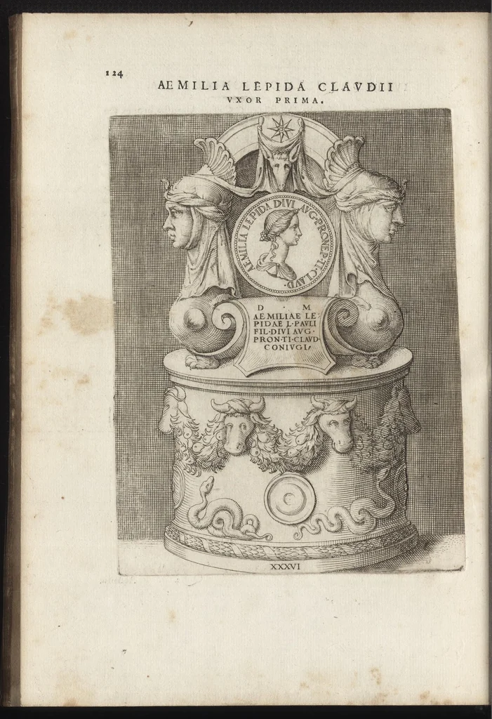 An illustration from Augustarum imagines aereis formis expressae : vitae quoque earundem breviter enarratae, Signorum etiam, quae in posteriori parte numismatu[m] efficta su[n]t ratio explicata, 1558, leaf 147