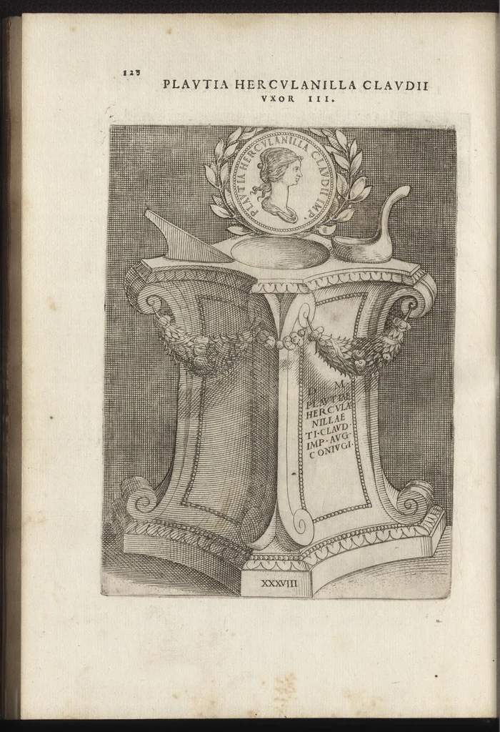 An illustration from Augustarum imagines aereis formis expressae : vitae quoque earundem breviter enarratae, Signorum etiam, quae in posteriori parte numismatu[m] efficta su[n]t ratio explicata, 1558, leaf 151