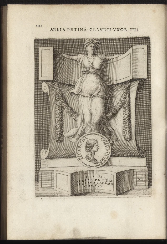An illustration from Augustarum imagines aereis formis expressae : vitae quoque earundem breviter enarratae, Signorum etiam, quae in posteriori parte numismatu[m] efficta su[n]t ratio explicata, 1558, leaf 155