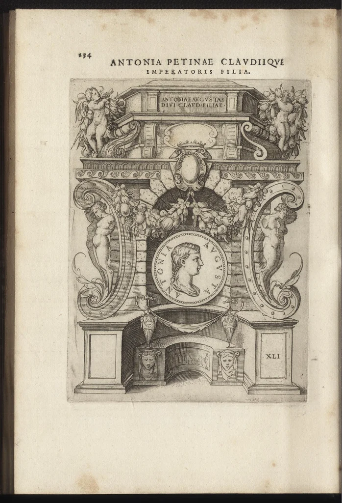 An illustration from Augustarum imagines aereis formis expressae : vitae quoque earundem breviter enarratae, Signorum etiam, quae in posteriori parte numismatu[m] efficta su[n]t ratio explicata, 1558, leaf 157