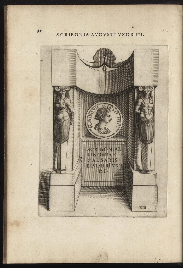 An illustration from Augustarum imagines aereis formis expressae : vitae quoque earundem breviter enarratae, Signorum etiam, quae in posteriori parte numismatu[m] efficta su[n]t ratio explicata, 1558, leaf 53