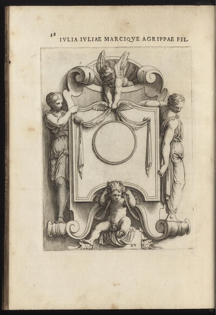 An illustration from Augustarum imagines aereis formis expressae : vitae quoque earundem breviter enarratae, Signorum etiam, quae in posteriori parte numismatu[m] efficta su[n]t ratio explicata, 1558, leaf 61