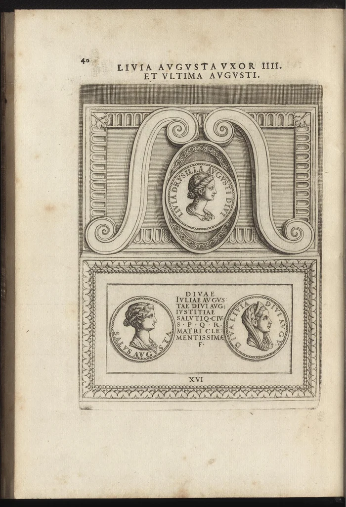 An illustration from Augustarum imagines aereis formis expressae : vitae quoque earundem breviter enarratae, Signorum etiam, quae in posteriori parte numismatu[m] efficta su[n]t ratio explicata, 1558, leaf 63