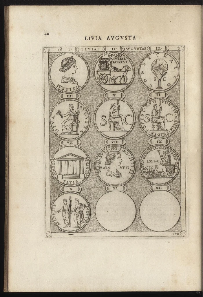 An illustration from Augustarum imagines aereis formis expressae : vitae quoque earundem breviter enarratae, Signorum etiam, quae in posteriori parte numismatu[m] efficta su[n]t ratio explicata, 1558, leaf 69