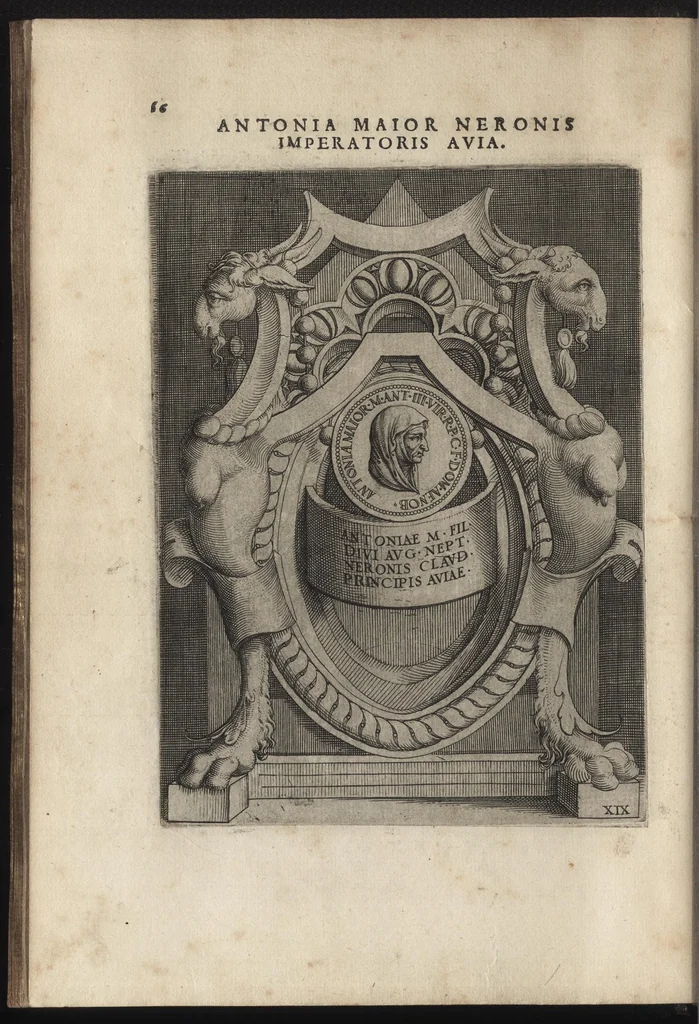 An illustration from Augustarum imagines aereis formis expressae : vitae quoque earundem breviter enarratae, Signorum etiam, quae in posteriori parte numismatu[m] efficta su[n]t ratio explicata, 1558, leaf 79