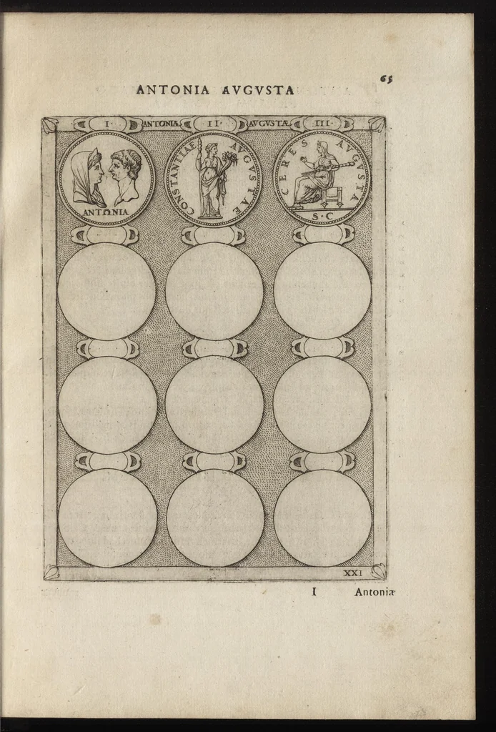 An illustration from Augustarum imagines aereis formis expressae : vitae quoque earundem breviter enarratae, Signorum etiam, quae in posteriori parte numismatu[m] efficta su[n]t ratio explicata, 1558, leaf 88