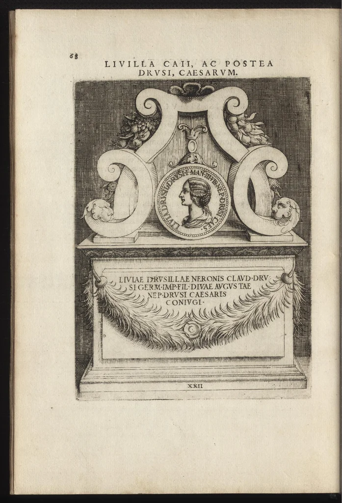 An illustration from Augustarum imagines aereis formis expressae : vitae quoque earundem breviter enarratae, Signorum etiam, quae in posteriori parte numismatu[m] efficta su[n]t ratio explicata, 1558, leaf 91