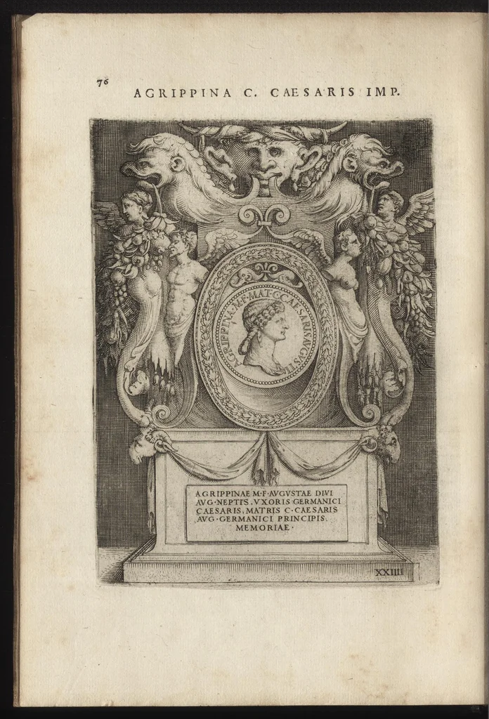 An illustration from Augustarum imagines aereis formis expressae : vitae quoque earundem breviter enarratae, Signorum etiam, quae in posteriori parte numismatu[m] efficta su[n]t ratio explicata, 1558, leaf 99